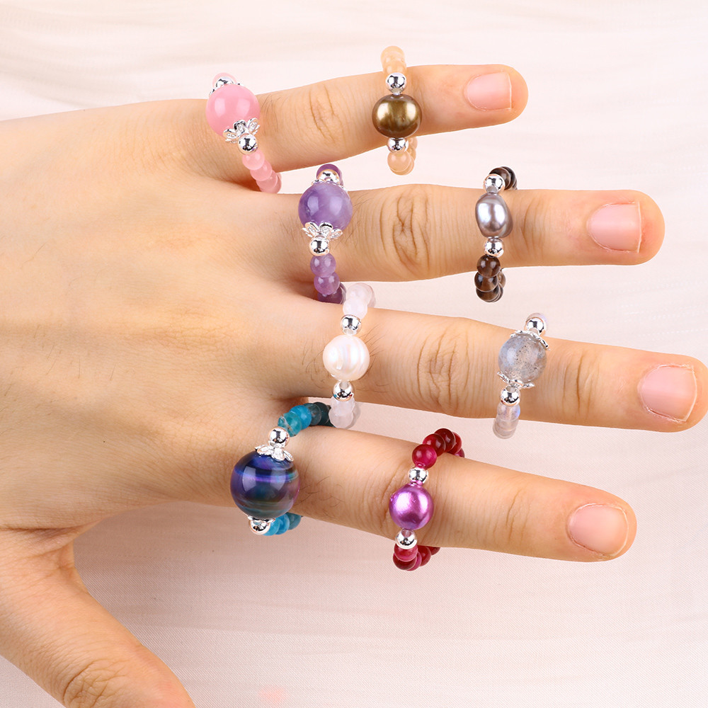 4mm Handmade Gemstone Beaded Ring Adjustable Elastic Blue Apatite Stone Ring Witth Colored Tigere's Eye Bead For Party D