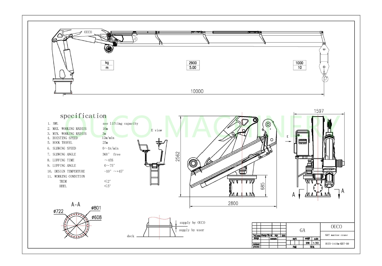 Hydraulic Folding 8M Steel 0.6T Offshore Pedestal Crane