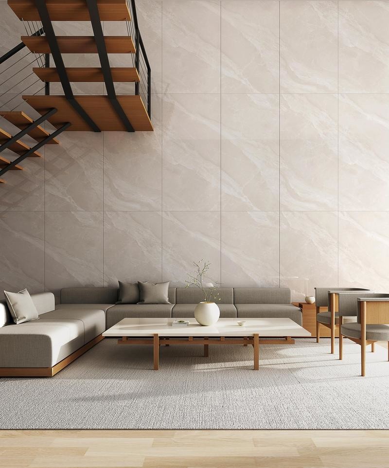 Light Yellow Polished Porcelain Glazed Tile Indoor Floor 900x1800x9mm Wear-Resistance For Rebuilding