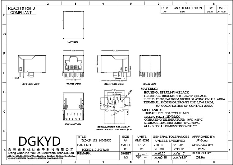 DGKYD211Q180GWA4D RJ45 Single Port With Transformer 10Pin Connector