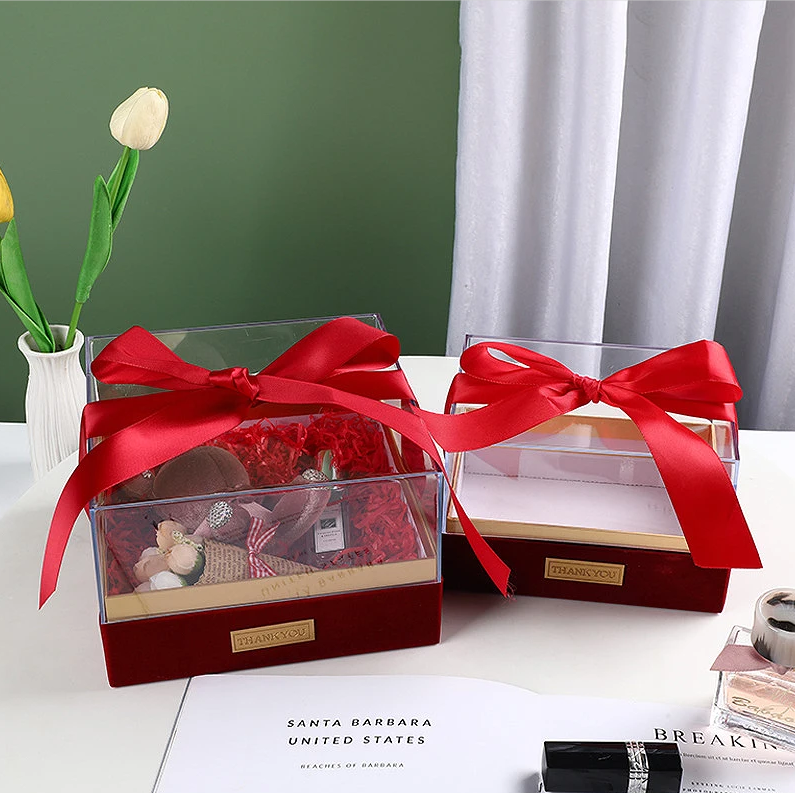 Paper Gift Packing Box with Ribbon Custom Acrylic Cover Lid Transparent Chocolate Box