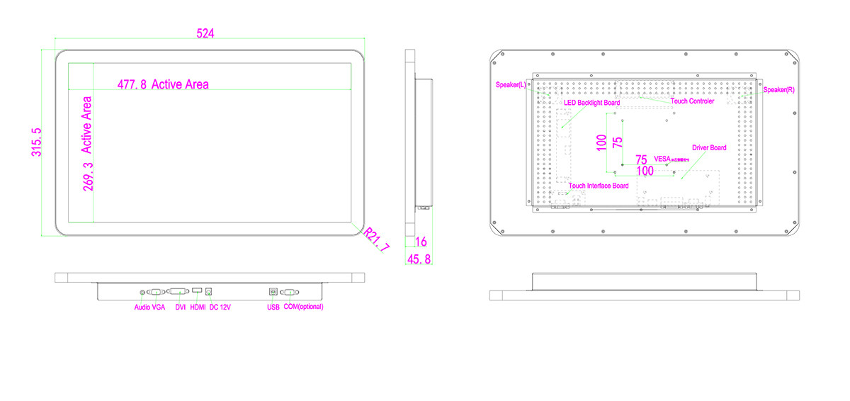CE Wall Mounted 250cd/M2 21.5" Open Frame Touch Screen Monitor