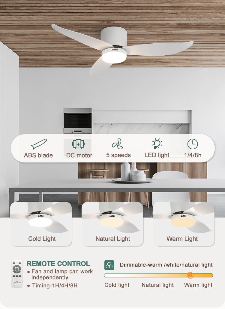 Low Ceiling 42" Flush Mount DC Ceiling Fan with Remote Control and 3 Colors LED Light