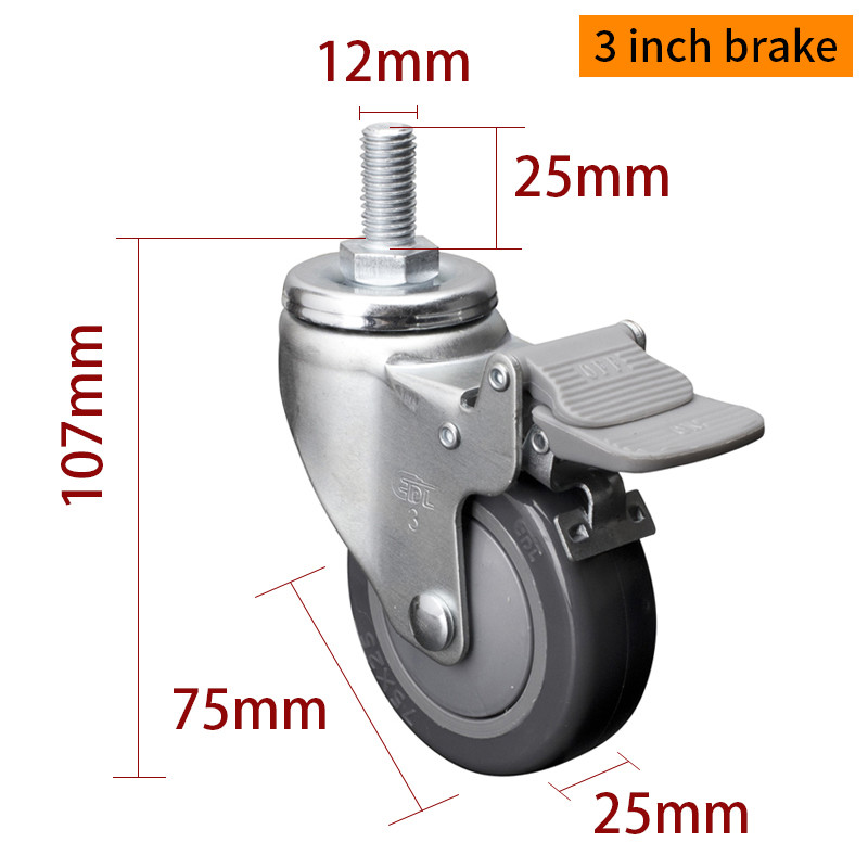 75mm Caster Wheels 80kg Threaded TPU 3 Inch Swivel Casters With Brake
