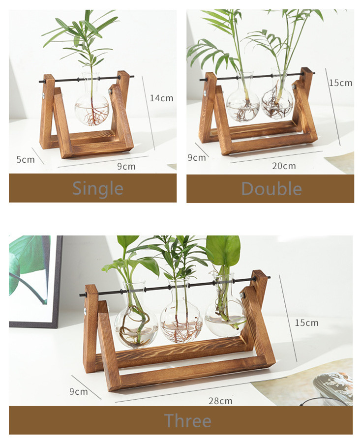 Desktop Glass Planter Plant Terrarium with Retro Solid Wooden Stand and Metal Swivel Holder for Home Office Decorations