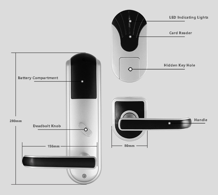 High Security RFID Key Card Door Lock 200 Cards Data Capacity 280 Mm * 80 Mm