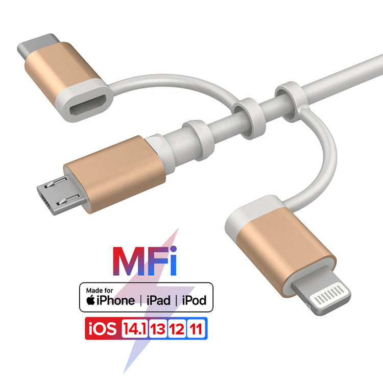 MFI Certified OEM 8 pin 3 in 1 Type C Lightning Charging Cable For Android