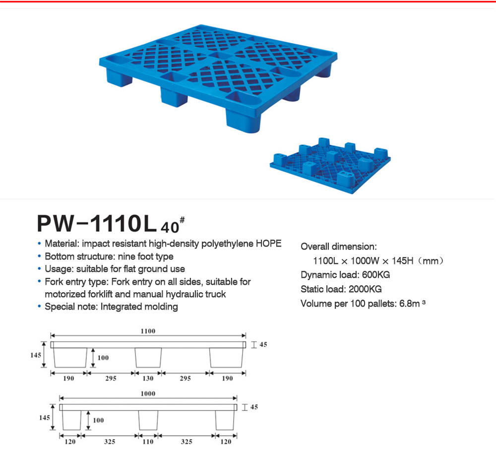 Flat Top Stackable Plastic Pallet Bulk 1100*1000 Mm Export Use