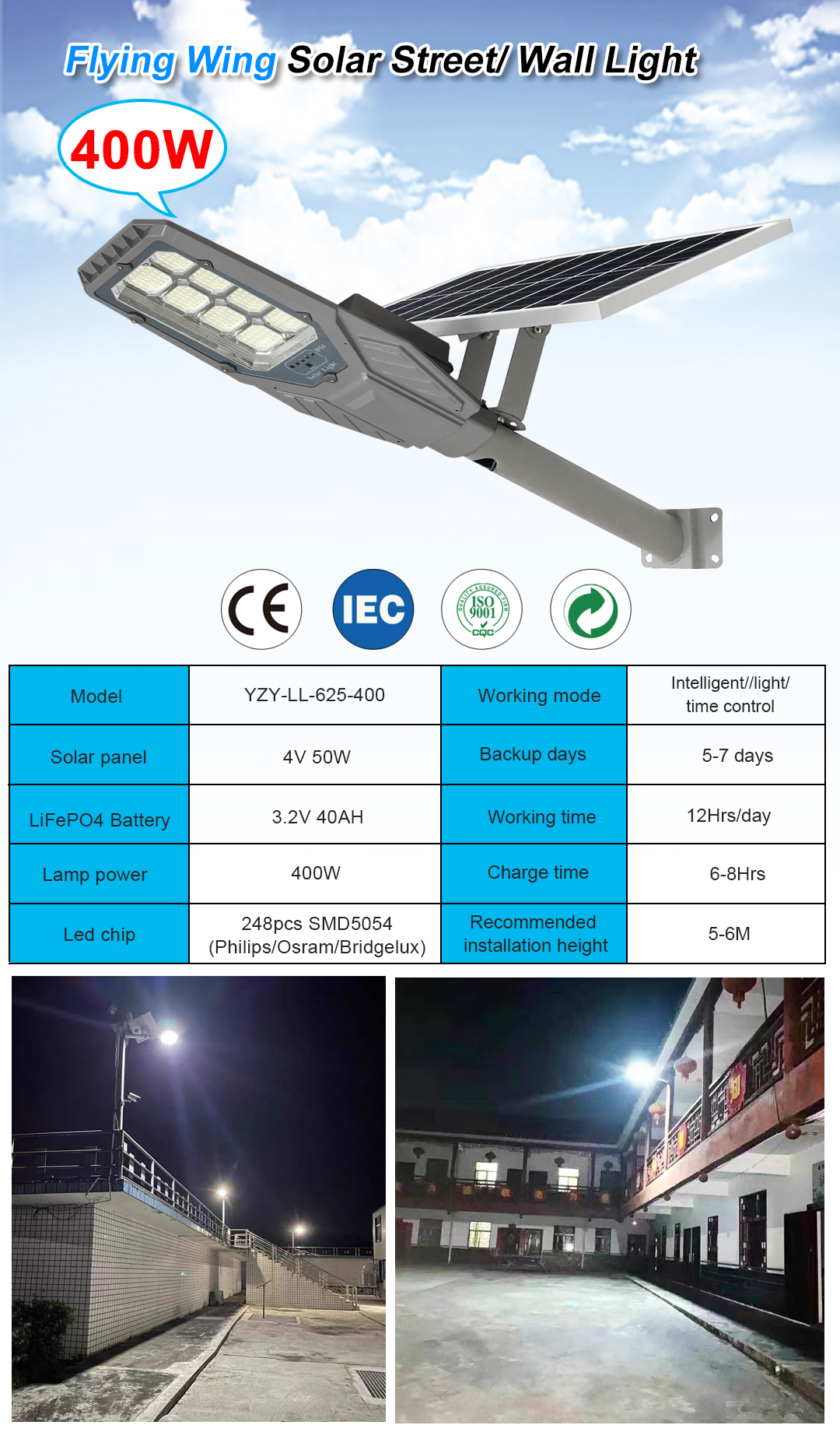 Intelligent Solar Street Lights with 400W LED Power and 3.2V 40Ah Battery Capacity