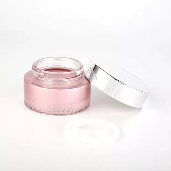 Pink Color Painting Glass Cosmetic Jar 50g Silver Screw Up Cap For Skin Care