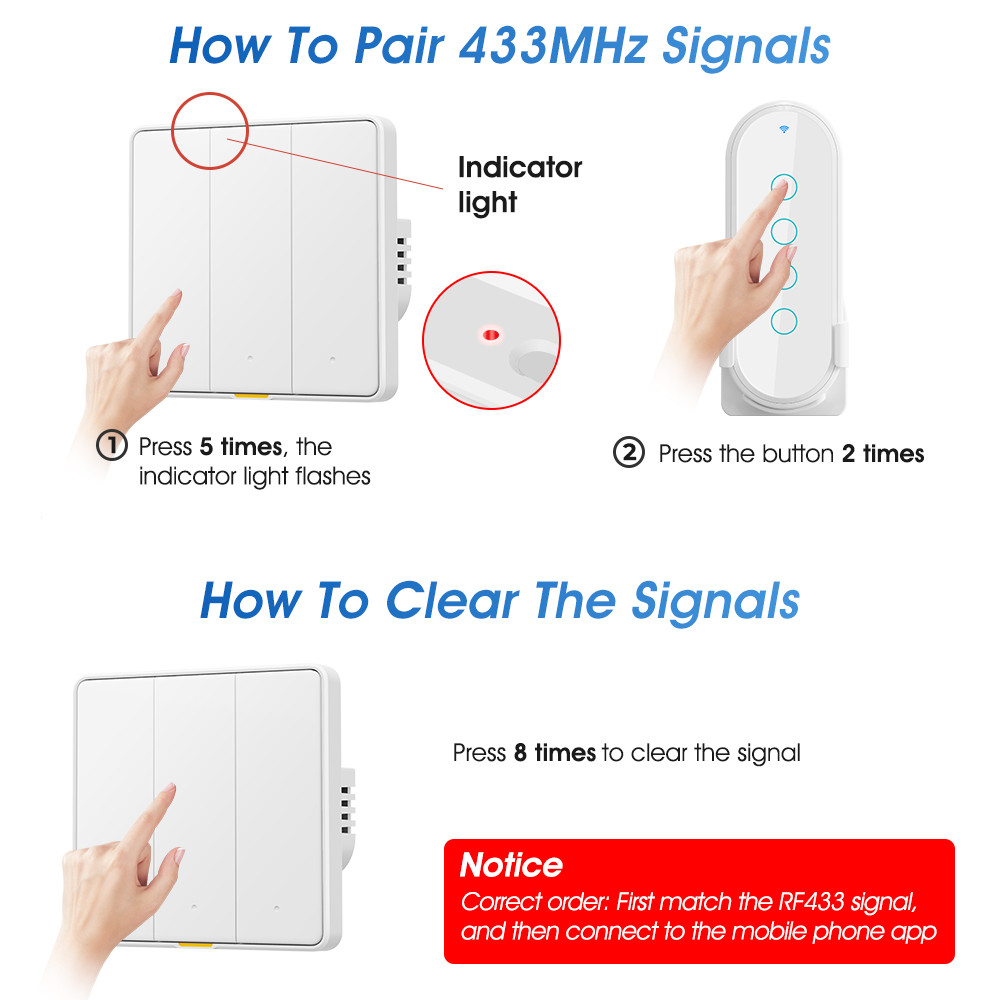 Tuya WiFi RF433 Smart Wall Switch, 110-250V, No Neutral Wire Required, Voice Control with Alexa, Google Home, Tmall Genie, and App Timing Features