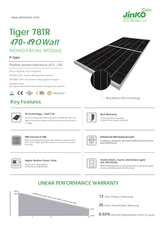 Jinko Tiger P-Type 78tr 470W 475W 480W 485W 490W Mono Photovoltaic Pv Jinko Solar Panels