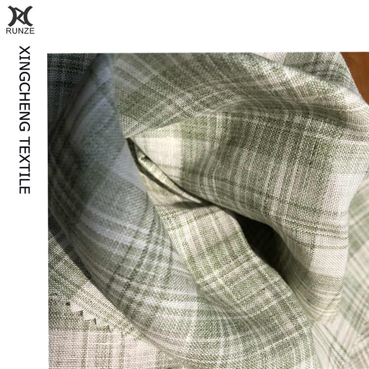 Green And White Check Linen Fabric For Suits With High- 21S*21S Yarn Count Yarn Dyed