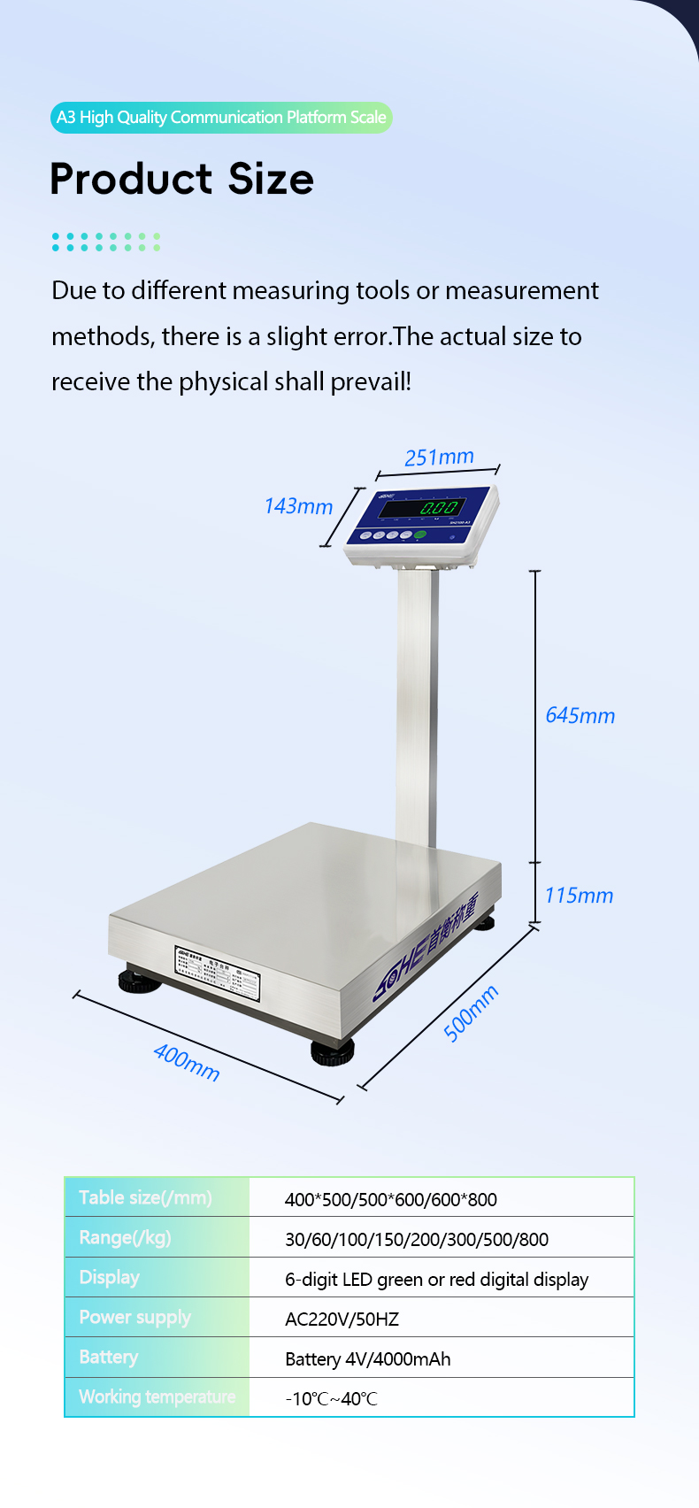 Weighting Function Industrial Weighing Scale 60cm by 80cm with Square Upright Pole