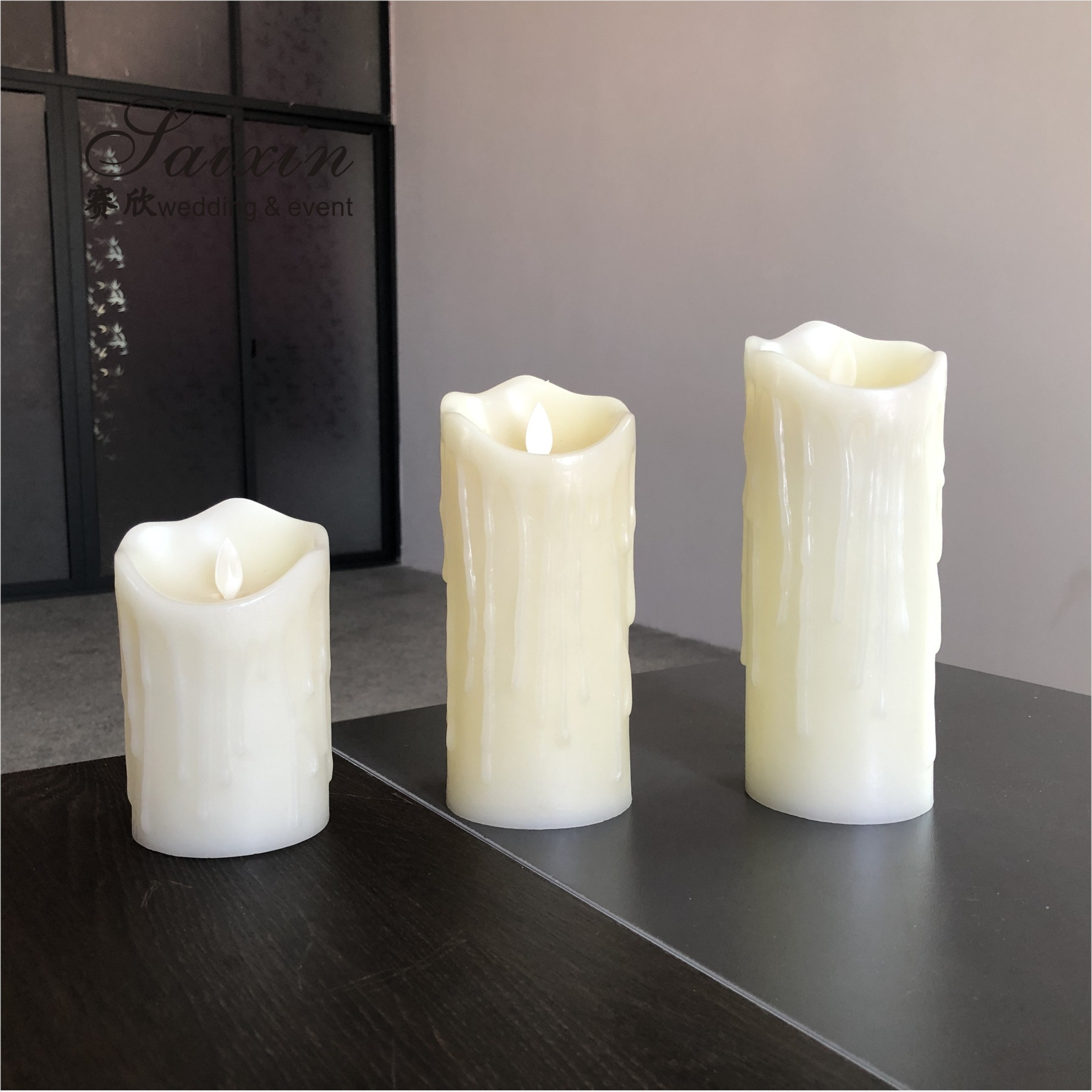 Good quality event decoration real wax dripping dancing flame LED pillar candle
