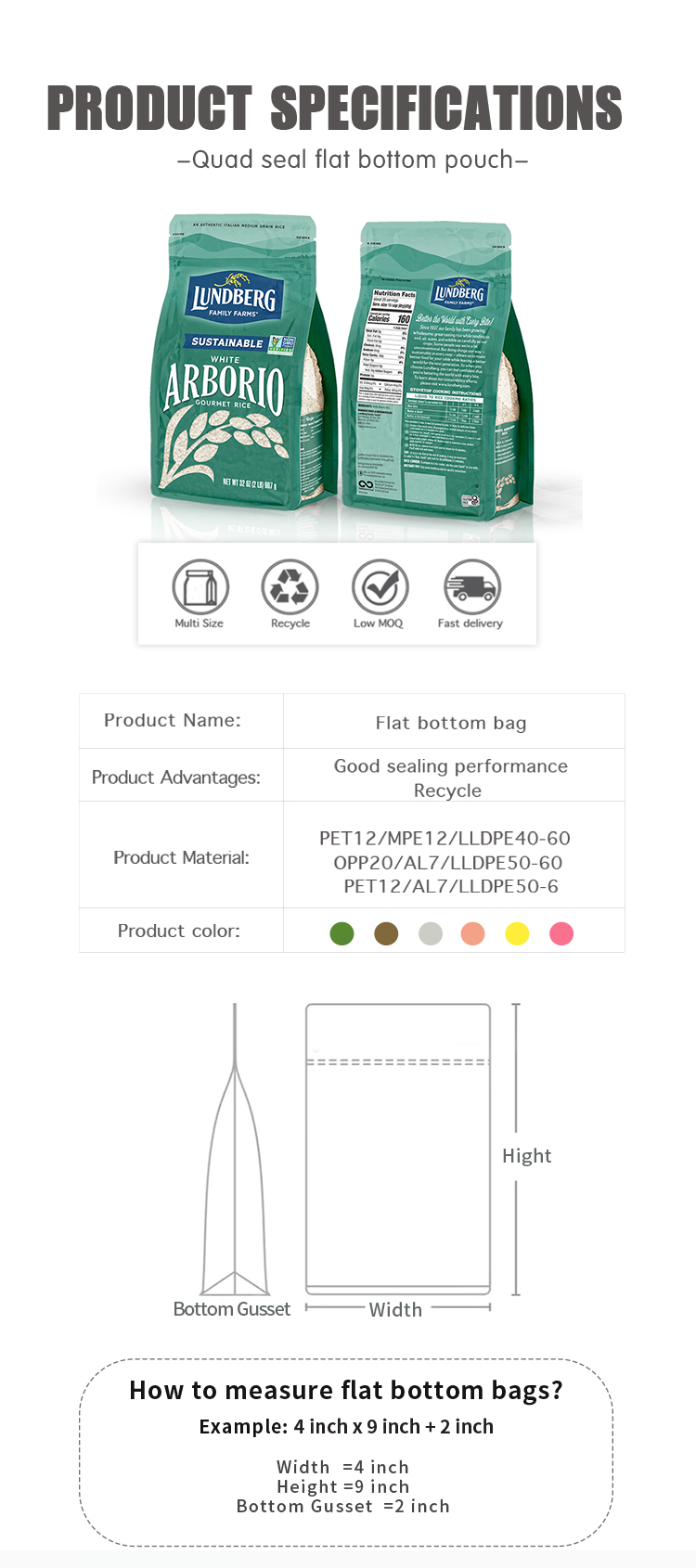 1KG 2 KG Box Bottom Zipper Pouch Resealable Rice Packing With Zipper