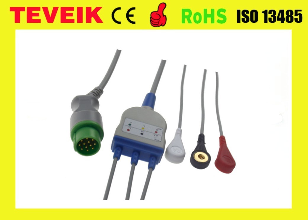 Bruker One Piece 3 Leads ECG Cable Snap AHA With One Year Warranty