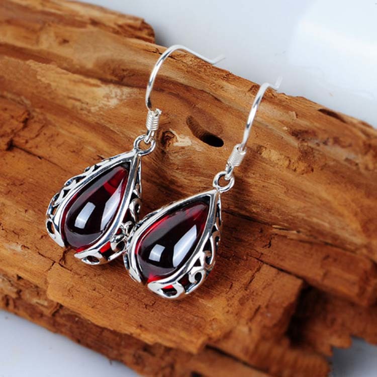 Thai Vintage Sterling Silver Drop Created Garnet Dangle Earrings (E12038)