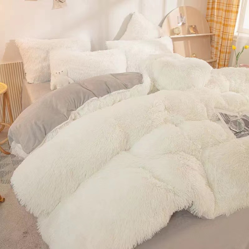 Home Hotel Queen Size Bedding Set with Satin Skirt Sheet and Cotton Velvet Duvet Cover