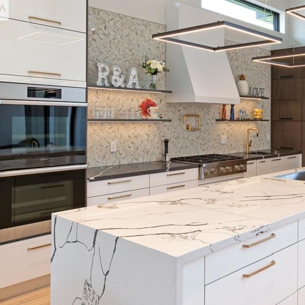 Quartz Stone Countertop Waterproof High Glossy Modern Kitchen Cabinets for
