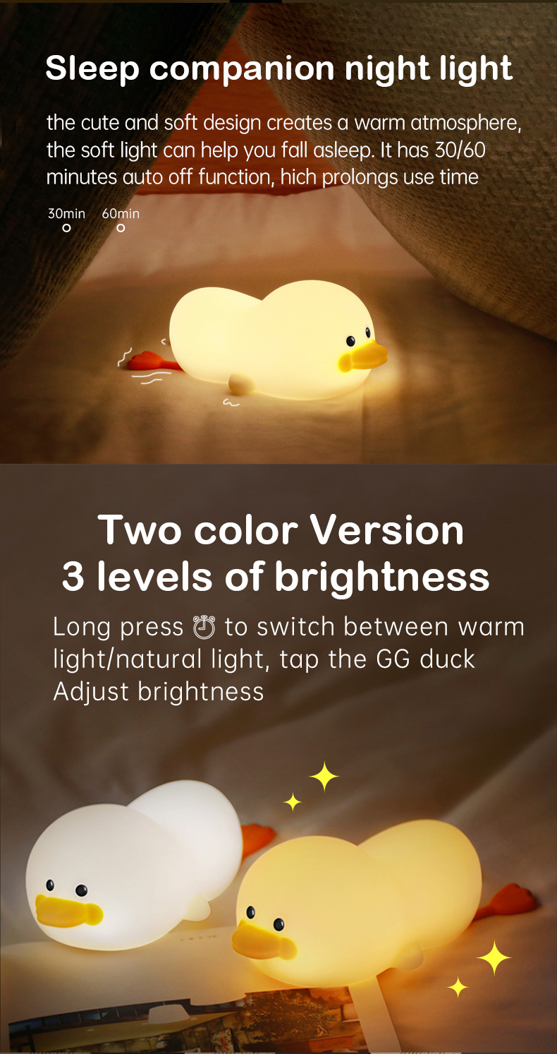 Cartoon Silicone Duck LED Night Light for Children's Bedroom Working Time hours 30000