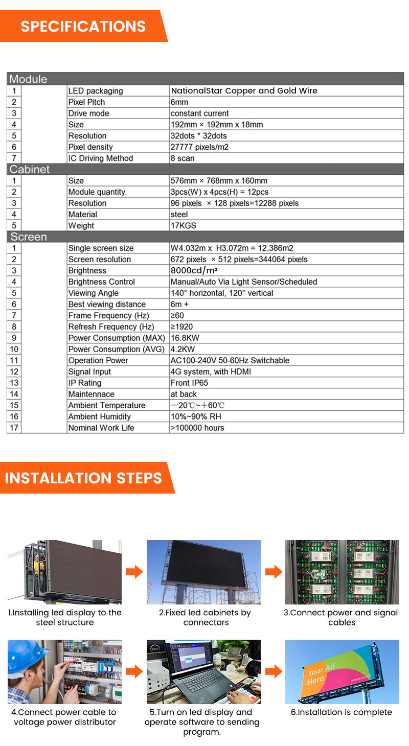 Easy installation waterproof IP65 p6 8000nits steel 4G system outdoor advertising led billboard with HDMl