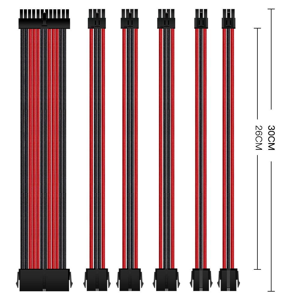 Green Sleeved Cables PSU Extension Cable Kit with 30CM Sleeved 24-PIN 8-PIN 6-PIN 4+4-PIN for ATX Power Supply