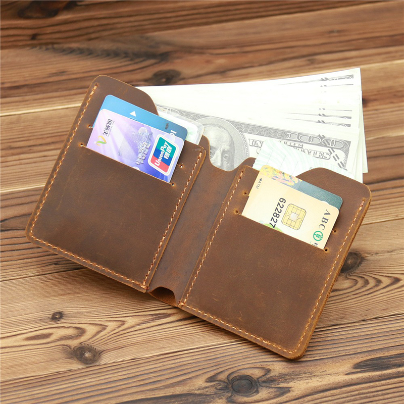 Fashion Style Custom Handmade Crazy Horse Leather Men's Short Bifold Wallet for Man