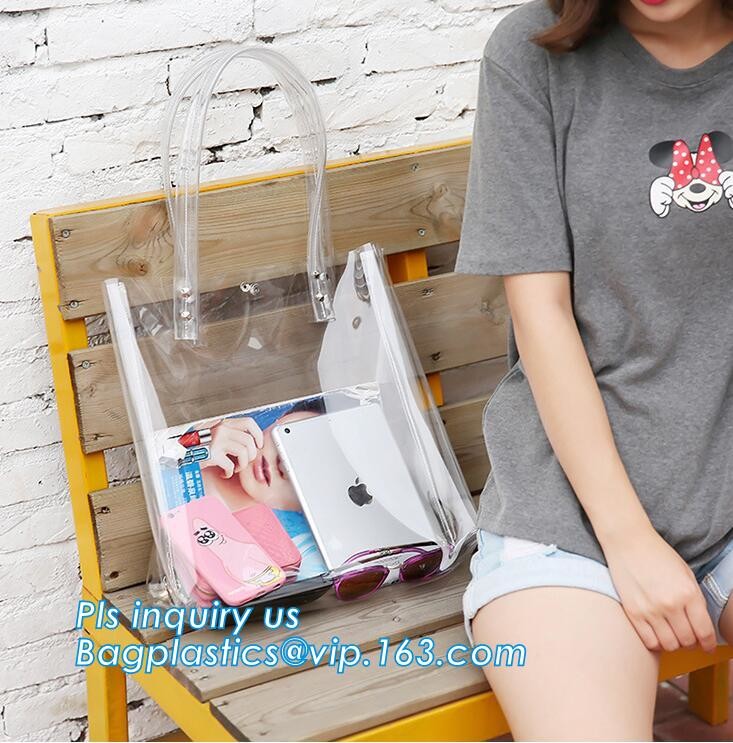 Tote Bags PVC Beach Lash Package Tote Shoulder Bag with Interior Pocket, Waterproof Semi-clear Tote Bags Stripe PVC Shou