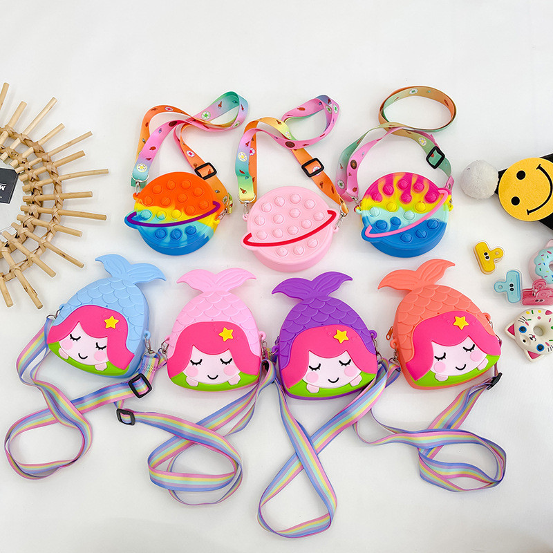 Mermaid Kids Crossbody Bag Coin Purse Silicone Shoulder Bag Handbag With Wide Adjustable Strap Makeup Bag Big Pop Purse