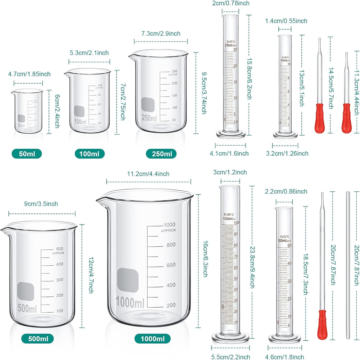 Glass Or Plastic Graduated Cylinder Beaker Set, Thick Lab Cylinders (10 Ml, 25 Ml, 50 Ml, 100 Ml), Beaker