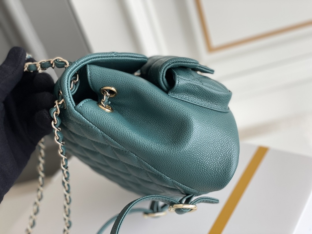 Lychee Leather Chanel Designer Brand Backpack 23P New Duma Small Peacock Green