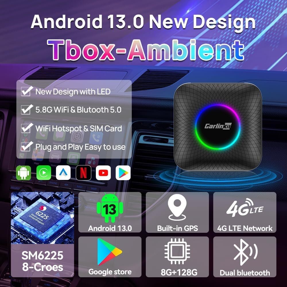 CPC200-Tbox Ambient USB Ai Box Wireless Adapater Carplay Android 13.0 Compatible 2016-2022 With Wired Carplay Car
