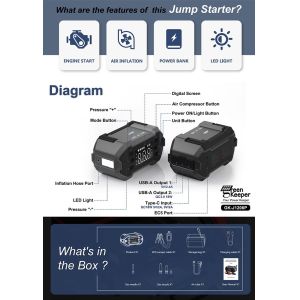 USB-A Charging Output Car Jump Starter and Inflation Pump for Inflating Air