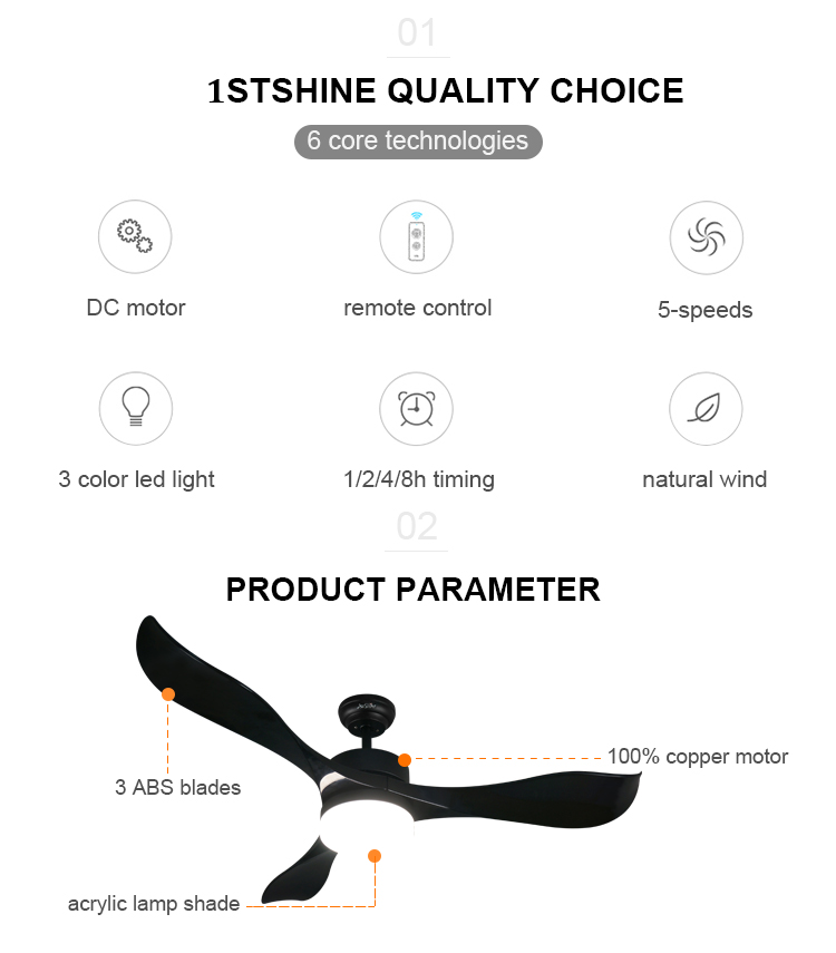 Energy Saving 1stshine Black ABS Blades Ceiling Fans with LED Lights and Remote Control 2-
