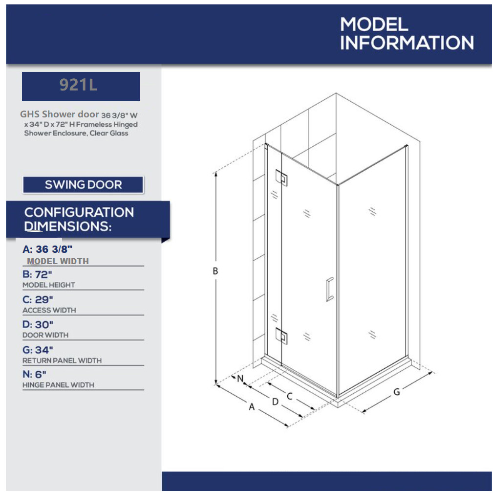 Customized Tempered Glass Shower Enclosure 921L Square Swing Shower Door