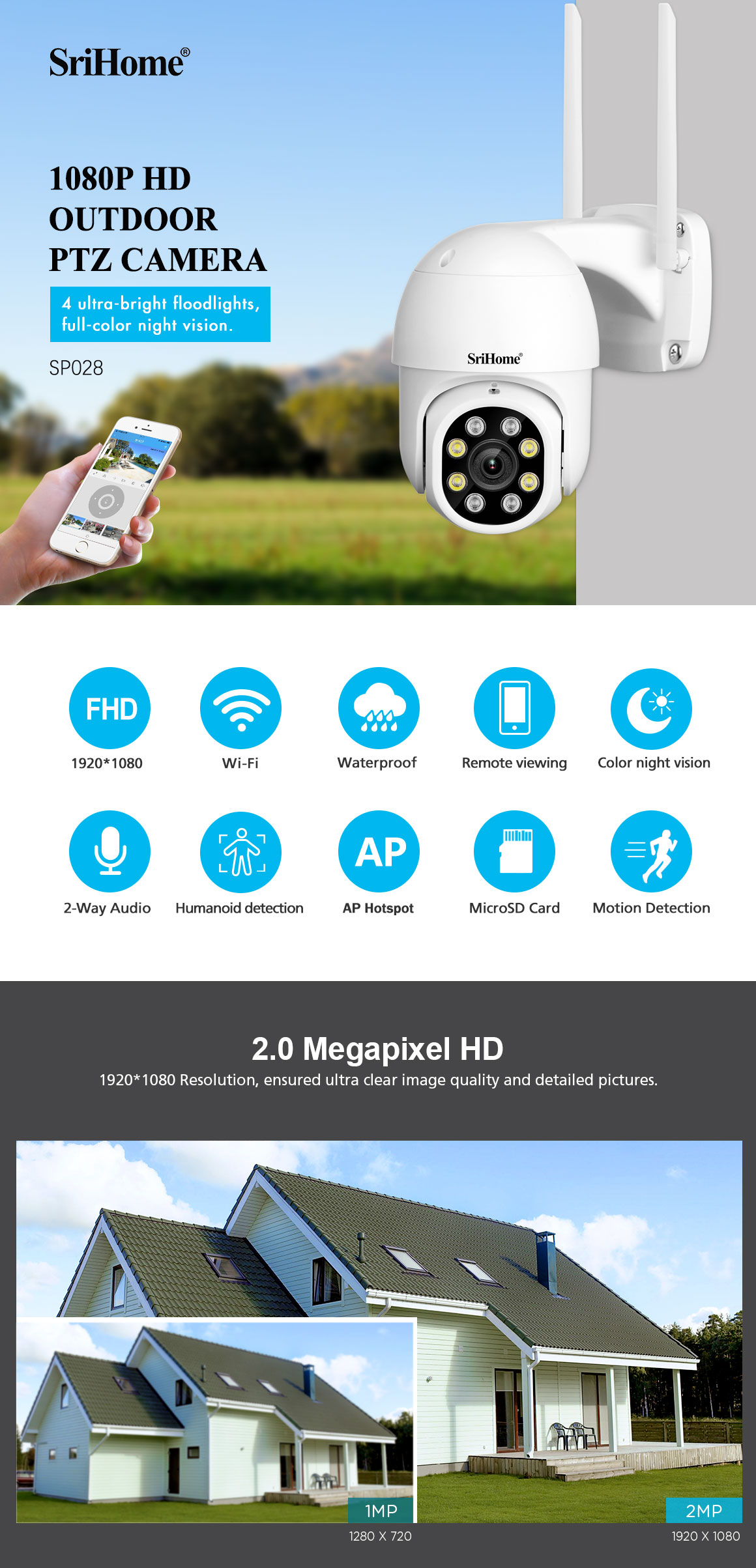 Waterproof IP66 Security Camera Support Auto Motion Tracking Night Vision IR 20m CCTV Camera