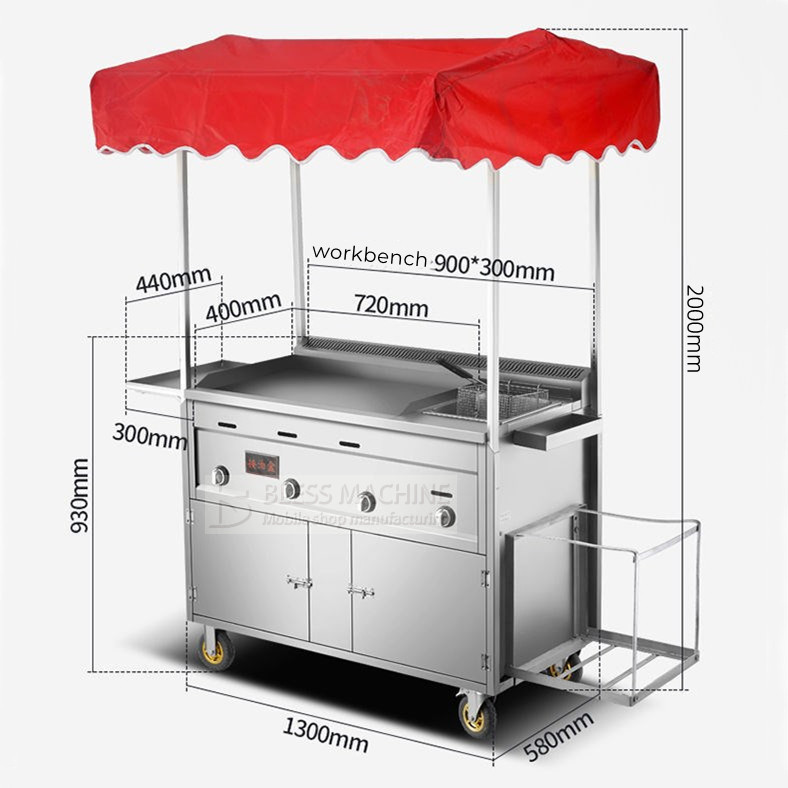 Commercial Catering Stainless Steel Street Food Snack Fryer Grill Barbecue Trolley Handcart