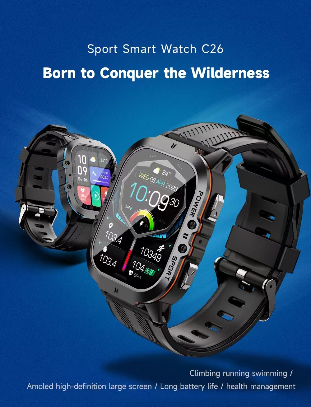 Super Amoled Display Smartwatch BT Call 1ATM Waterproof Large Memory Smart Watch C26