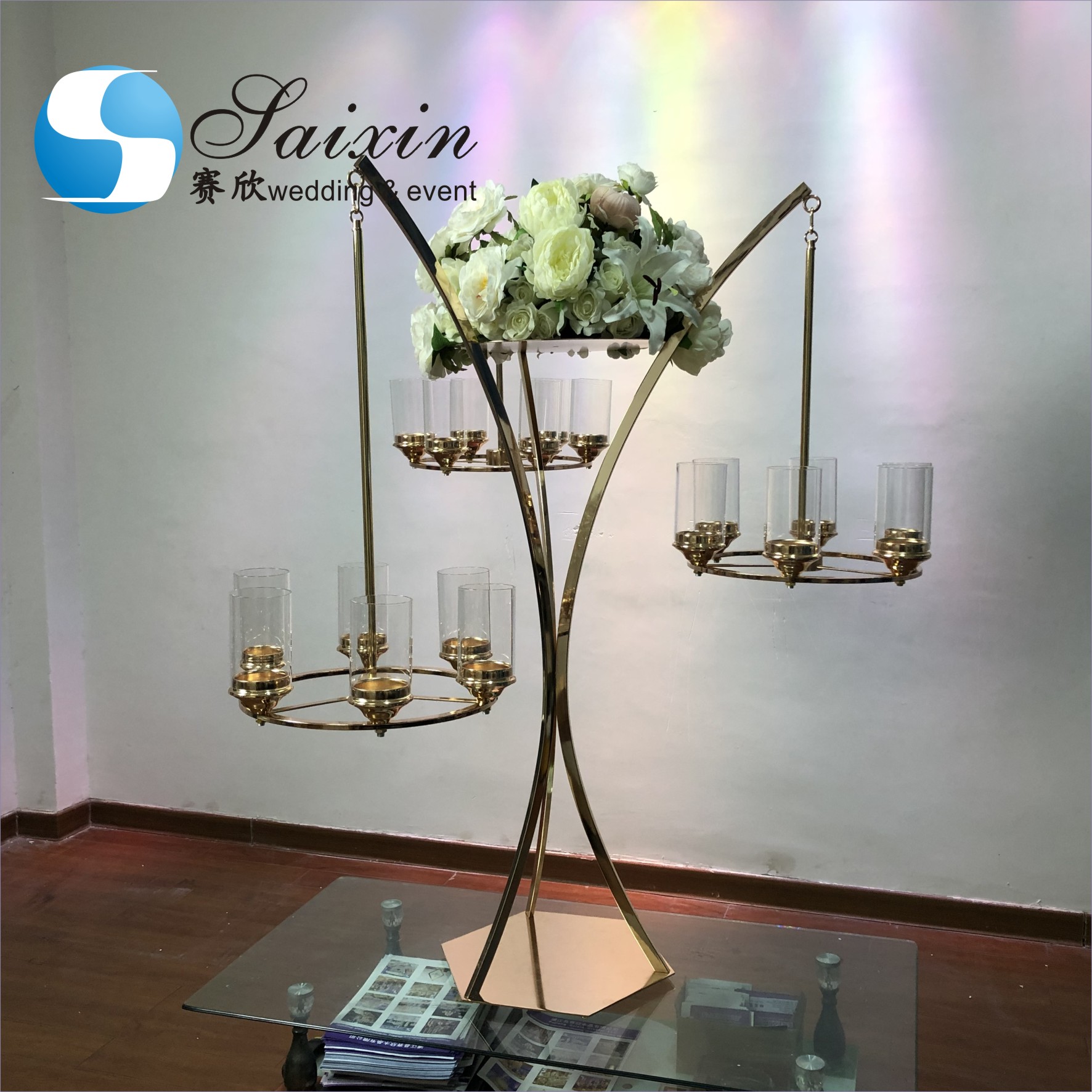 ZT-325L Saixin Gorgeous 18 arms Crystal candelabra flower stand for wedding centerpiece