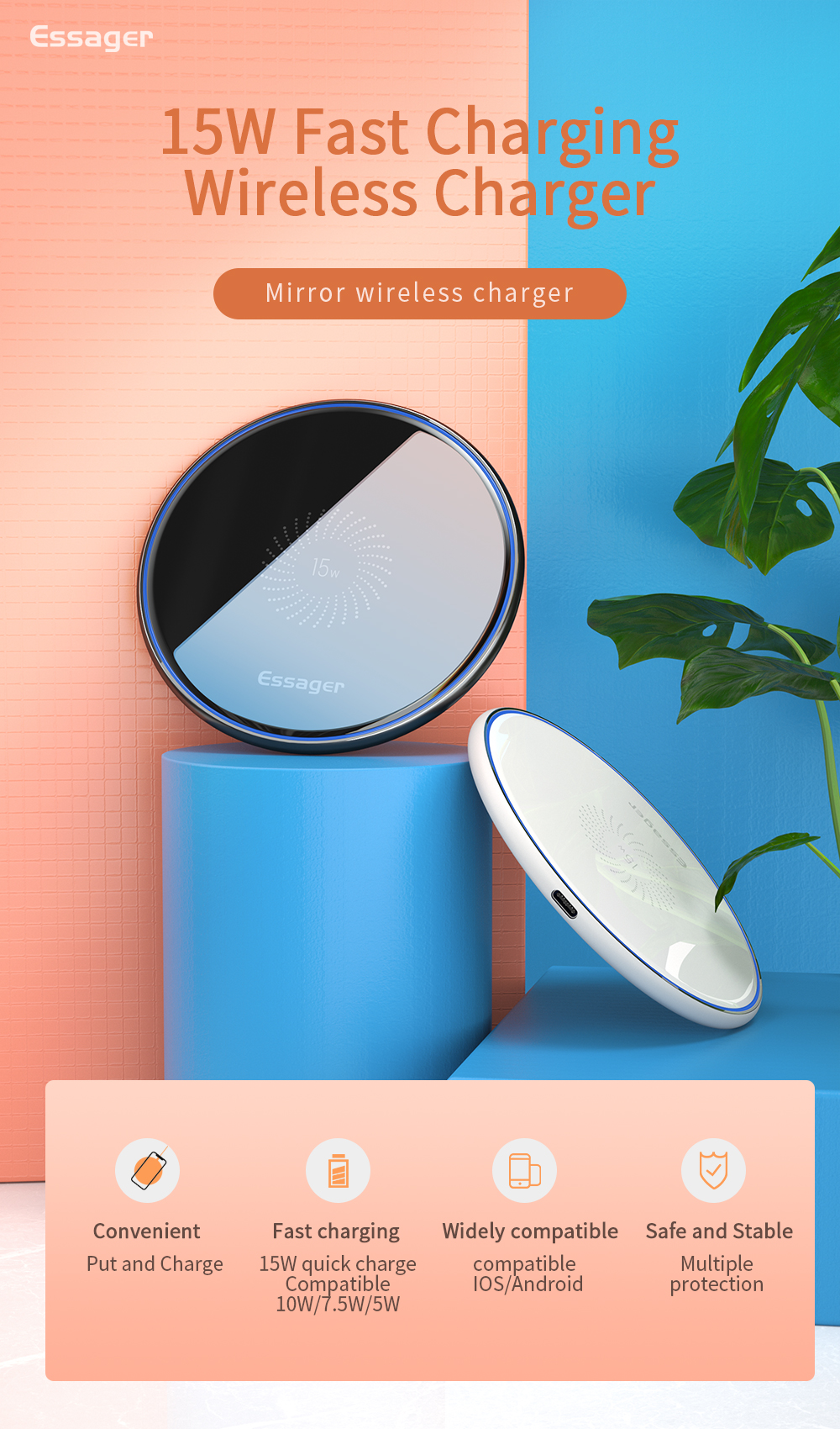 Mirror Desktop Qi Wireless Phone Charger Magnetic 15W With 1m Cable Type-C