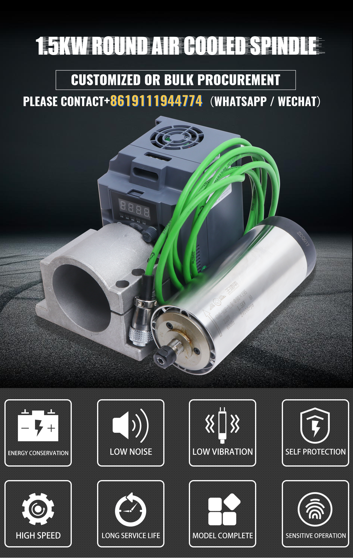 24000rpm 1.5KW Round Air Cooled Spindle for Woodworking CNC Router 220V High Frequency