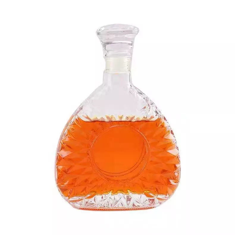Glass Flat Round Fan Shaped Xo Brandy Bottle Clear White Wave Surface Spirits Liquor Bottle with Cork