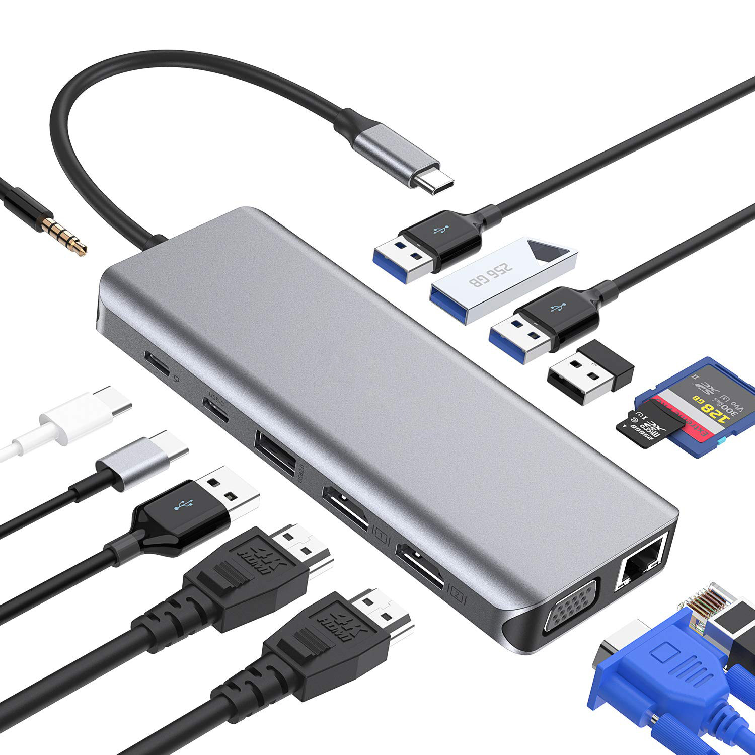 8 In 1 Usb C Hub Adapter Dongle 4K HDMI VGA Type C PD USB3.0 RJ45 Ethernet SD/TF
