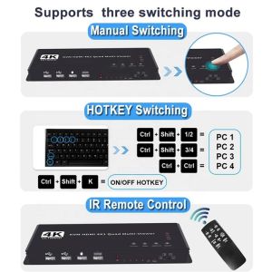 Seamless 4K HD HDMI KVM Switch with Black Output and Quad Multiviewer Display