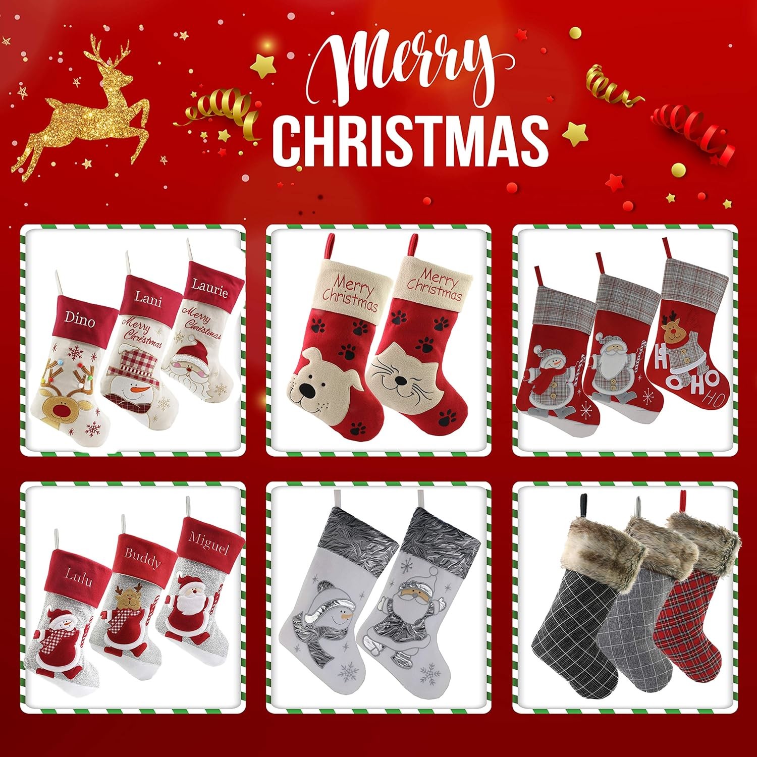 Christmas Stockings New Set 3D Gnomes Santa Christmas Stockings Personalized Soft Classic Red and Grey Fireplace Hanging