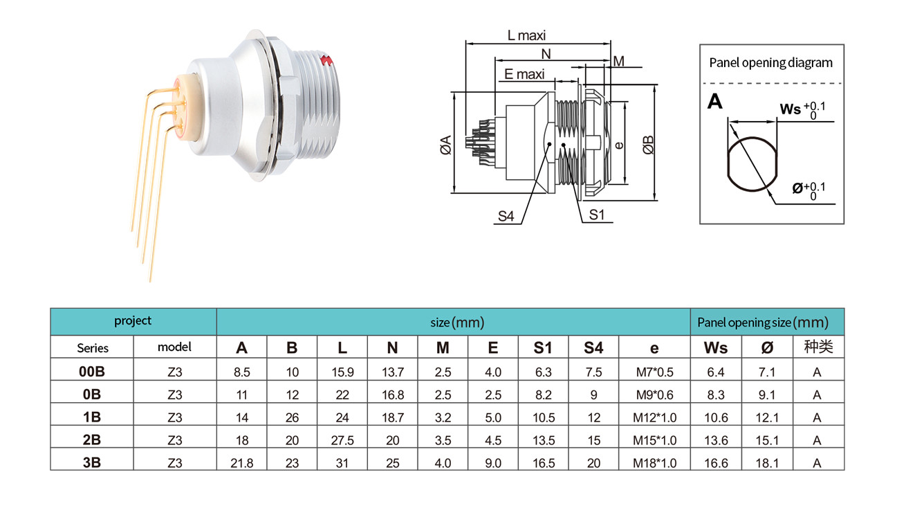 Industrial Circular Waterproof Connector Z3 External Fixed Socket Printed Circuit Board 90° Elbow Pin Core 4 Pin