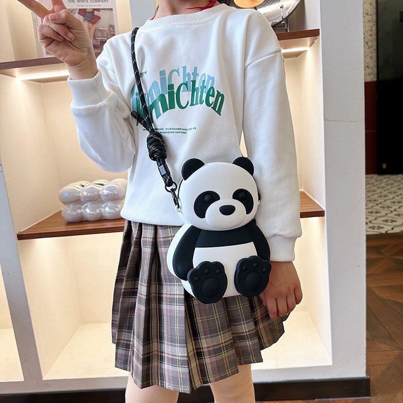 Panda Durable Compact Silicone Coin Bag With Zip Closure Crossbody Shoulder Bag Coin Wallet Bag School Office Supplies