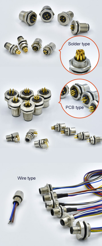 Industrial M12 3 - 17 Pin A B Code Sensor Solder Pcb Screw Thread M8 M12 Wall Mount Connector