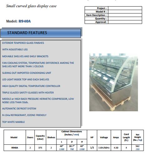 Refrigeration equipment cake showcase pastry display cooler with CE/ETL
